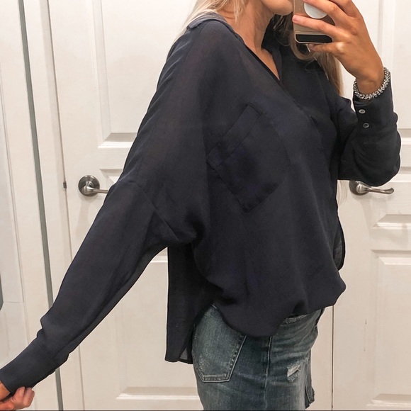 Blue Waterfall Long Sleeve Collared Blouse - Picture 2 of 3